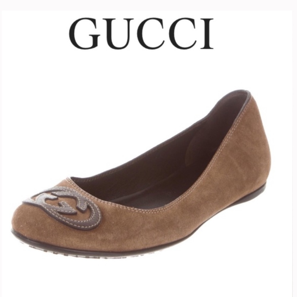 GUCCI BROWN SUEDE GG BALLET FLATS 37.5